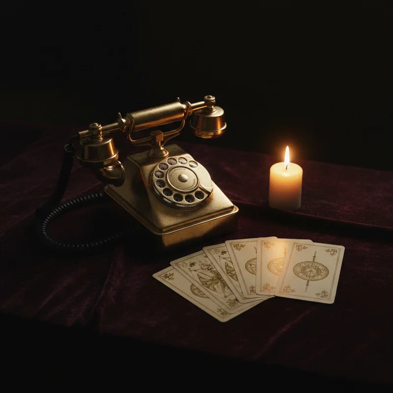 Telefono vintage in ottone dorato accanto a carte dei tarocchi su velluto scuro