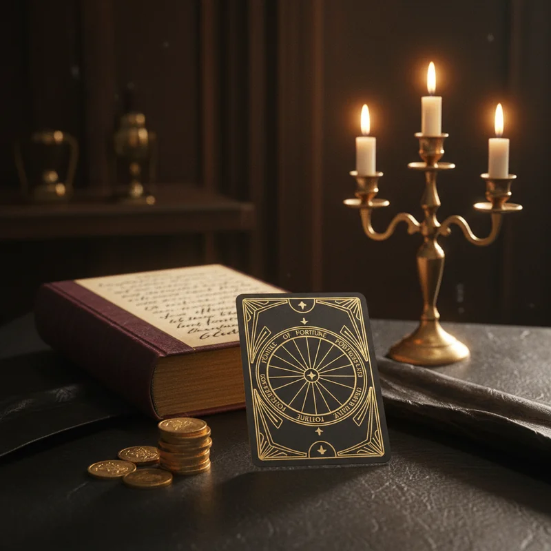 Carta della Ruota della Fortuna con monete antiche dorate su libro aperto