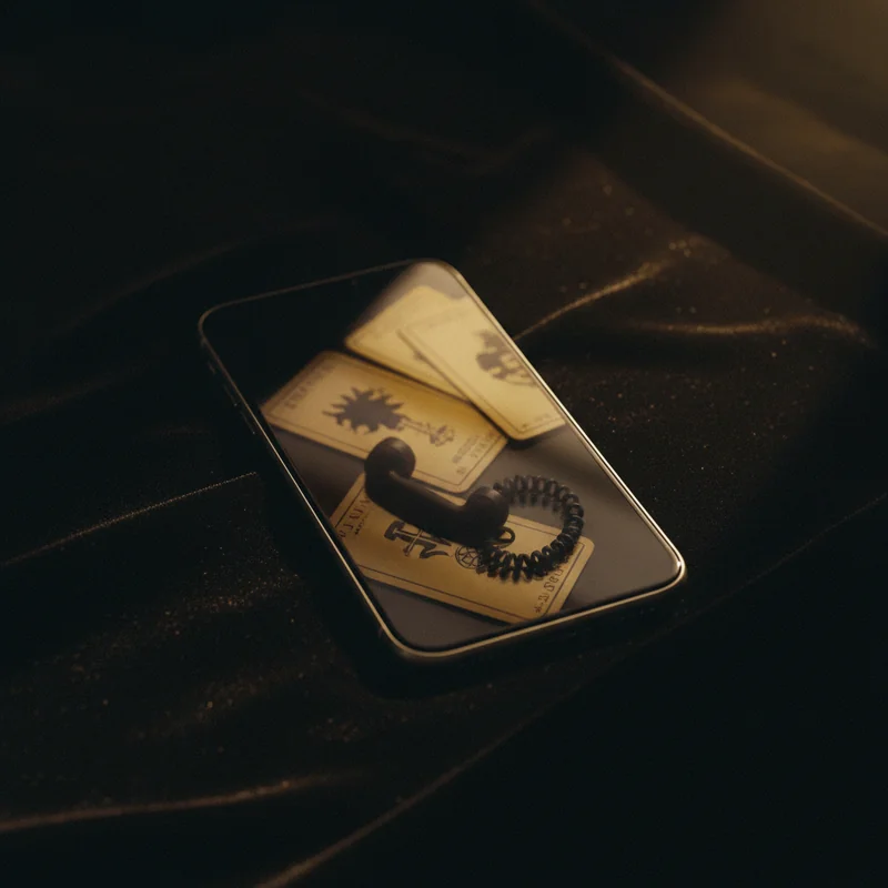 Schermo nero con riflesso di carte tarocchi e cornetta del telefono